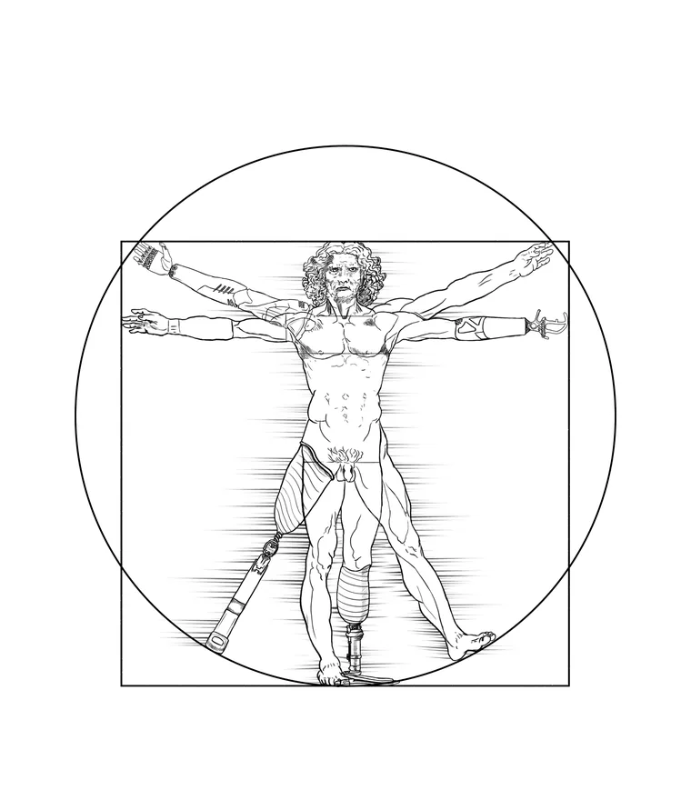 I, Deal Man design: Leonardo's Vitruvian Man redrawn with four of the eight limbs replaced by modern prosthetics
