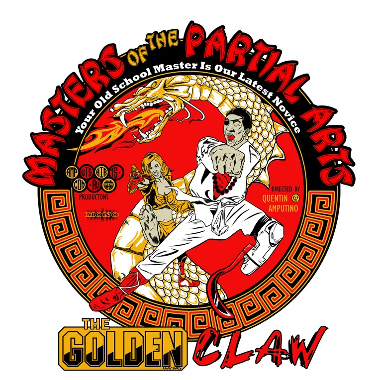 Masters of the Partial Arts design: a kung fu movie poster pastiche with a dragon, two fighters and the title The Golden Claw