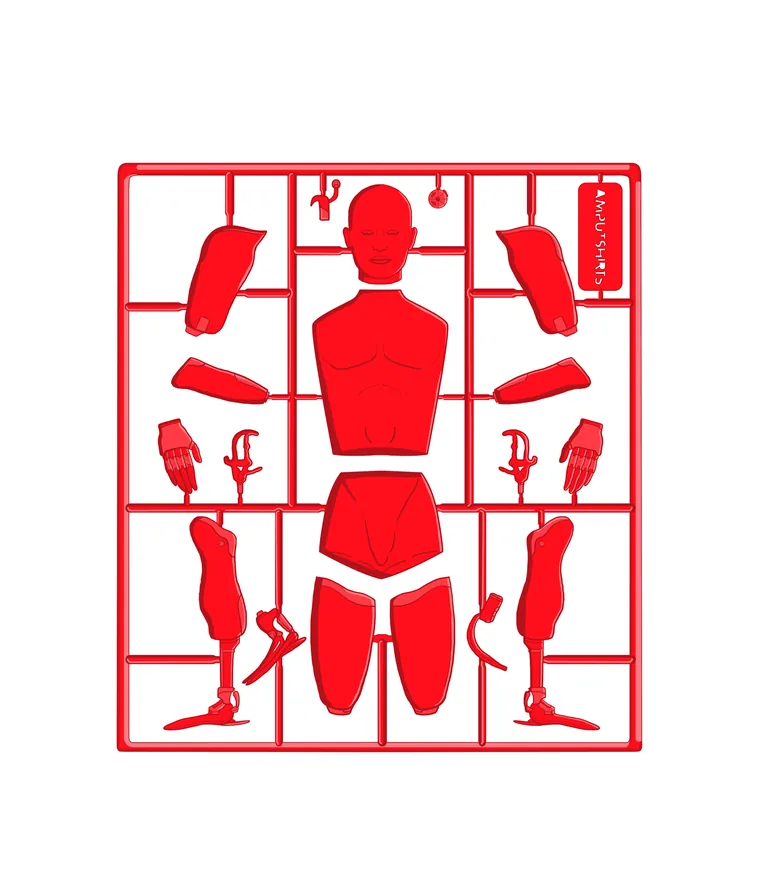 Some Assembly Required design: a plastic model kit sprue holding a torso, limbs and prosthetics